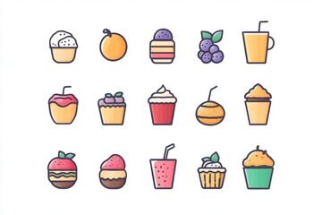 Set of food and drink icons including desserts milkshakes and cupcakes