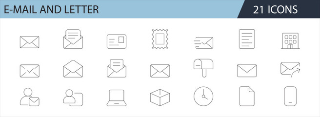 E-mail and Letter Line Icons Set – Minimalist Mail, Communication, and Document Symbols