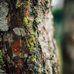 Obraz premium Close up of tree bark texture with green moss and lichen for background nature photo