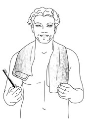 Man in bathroom with toothbrush. Black and white vector illustration