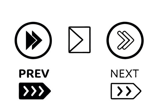 Set of next and previous navigation icons with arrows in different shapes and patterns, ideal for interactive buttons button icon set