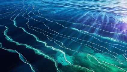 Underwater seascape with sunbeams illuminating the ocean floor textures and patterns