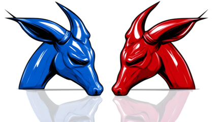 Illustration Of Two Stylized Deer Heads Red And Blue With Reflection On Black Background