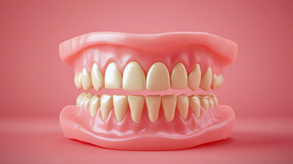 Obraz premium A realistic 3D of full dentures placed on a reflective surface, showing detailed gums and polished artificial teeth, with soft lighting and clinical background