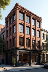 Obraz premium stylish urban loft building with exposed brick walls and large industrial windows, set in a trendy city neighborhood, soft natural light, lifestyle and architectural