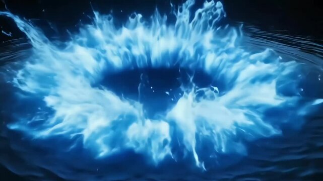 A dark, rippled water surface is violently disrupted by a circular, glowing blue explosion erupting upwards with bright, jagged sprays and a central dark void.