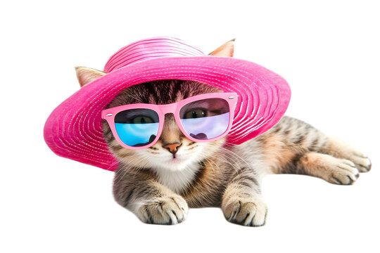 Isolated Kitten with Sunglasses and Pink Hat Relaxing Illustration Photo