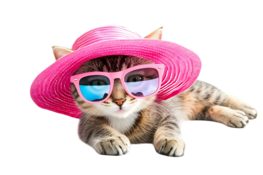 Isolated Kitten with Sunglasses and Pink Hat Relaxing Illustration Photo