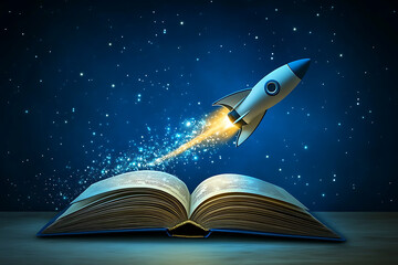 Fototapeta premium A rocket launching from an open book under a starry sky, symbolizing imagination and creativity