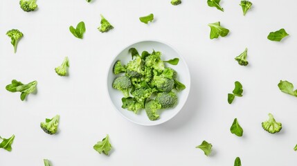 Obraz premium Fresh Broccoli Florets in a White Bowl on a Light Green Background with Loose Pieces, Healthy Raw Vegetables for Cooking, Snacking and Nutrition