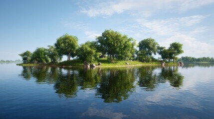 Island With Lush Green Trees Surrounded by Blue Water Under a Bright Sky Day