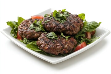 Three cooked patties, atop a bed of fresh greens, with sliced tomatoes and fresh herbs, arranged on a white plate