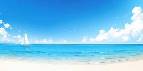 Obraz premium Serene Beach with Sailboat in a Clear Blue Sky, perfect for summer promotions and travel posters