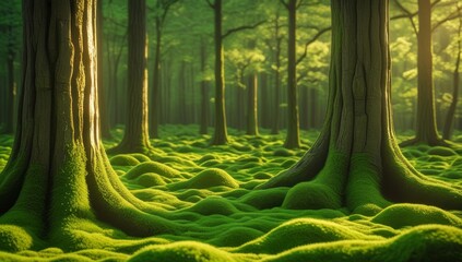 Enchanted woodland floor covered in vibrant green moss under a sun-dappled canopy