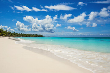 A beautiful tropical beach with white sand against the backdrop of the azure ocean.
