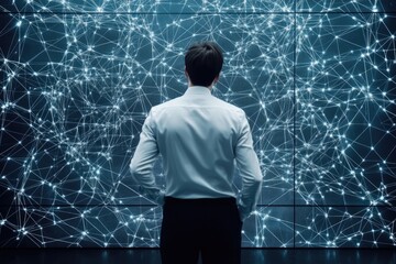 Businessman contemplates network visualization on a large screen.  The intricate network of lines and points suggests complex data analysis or a sophisticated technology system