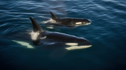Fototapeta premium Two orcas gracefully swim in deep ocean waters.