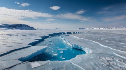 Serene Arctic Landscape with Open Water Channel Carved Through Ice Floes on Cold day