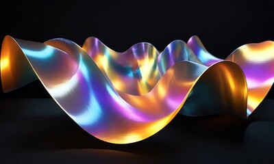 3D render, abstract fluid glass background with a colorful twisted ribbon in motion on a dark blue and orange color gradient. Shiny,  - Powered by Adobe
