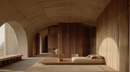 Serene Interior Design featuring Arched Concrete Architecture and Wood Paneling