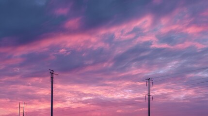 Obraz premium A vibrant sunset sky with dramatic clouds and utility poles.