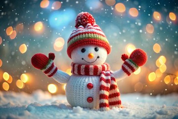 A cute snowman with a colorful striped scarf, knit hat, and mitten, surrounded by sparkling bokeh lights and snow, evoking winter joy and festive cheer