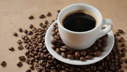 Fototapeta premium Close-up of a coffee cup with coffee beans scattered around it.