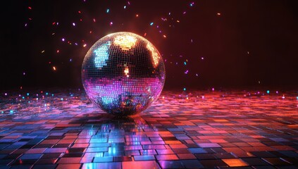 shimmering disco ball on a reflective dance floor with falling confetti creating a vibrant and energetic nightlife atmosphere illustration