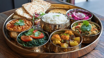 Indian Thali Plate with Naan Bread Rice Salad Curries and Vegetables Buffet Style
