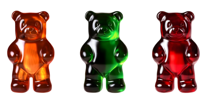 Three Colorful Gummy Bears Isolated On A Black Background Photo