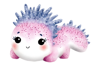 Watercolor Illustration of a Cute Pink Axolotl with Glitter on Transparent Background