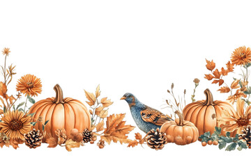 Watercolor Illustration Of Pumpkins Leaves And A Bird On Transparent Background