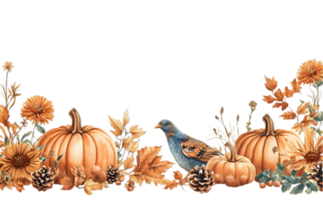 Watercolor Illustration Of Pumpkins Leaves And A Bird On Transparent Background