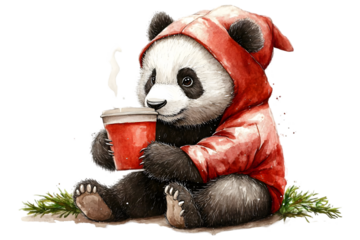 Watercolor Illustration Of Panda In Red Hoodie Holding Cup With Warm Drink