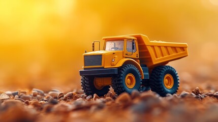 Obraz premium Vibrant Yellow Dump Truck Toy on Gravel Terrain with Golden Hour Lighting