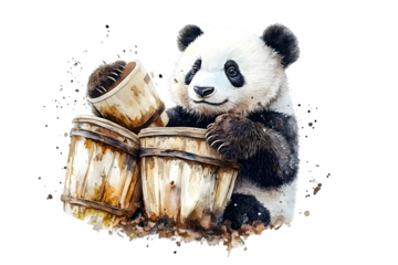 Watercolor Panda Playing Drums Isolated On Transparent Background Illustration