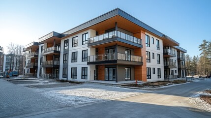 Modern apartment building exterior, sunny winter day