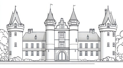 Obraz premium Elegant Castle Drawing, European Architecture, Peaceful Scene, Illustration