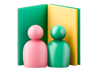 Abstract 3D Illustration of Two People with a Book in Green and Pink