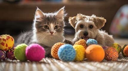 Cat and Dog Playing with Toys: A cat and dog surrounded by their favorite toys, engaging in playful activities.
