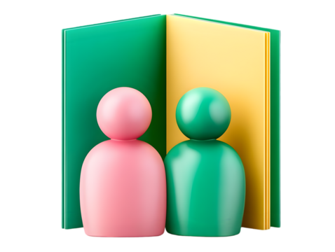 Abstract 3D Illustration of Two People with a Book in Green and Pink
