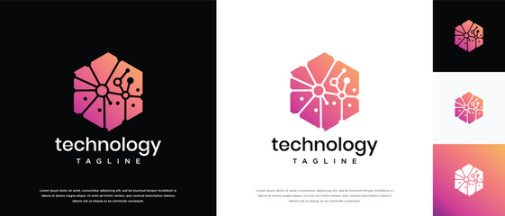 Technology connection hexagon logo design. Technology connection logo template. Technology logo symbol icon	