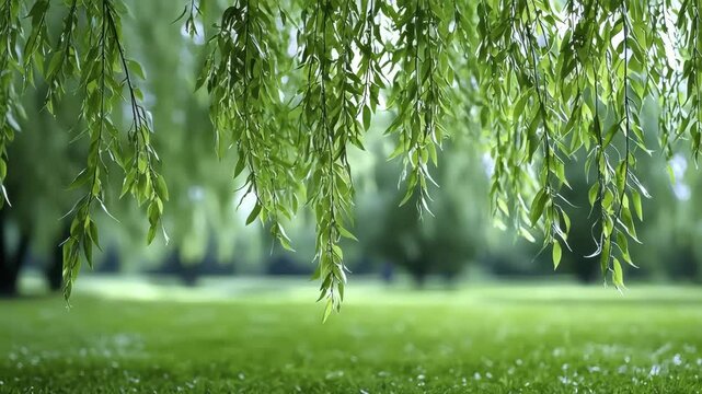 Green willow branches sway gently in the breeze.