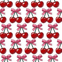 cherry with bow, vintage flowers, Vintage Retro Seamless Pattern.