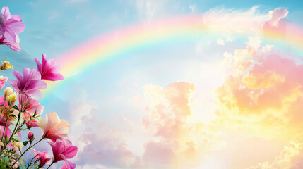 Vibrant double rainbow arcs across bright sky filled with fluffy clouds, complemented by colorful flowers foreground, creating serene