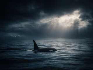 Fototapeta premium Majestic orca navigating stormy ocean waters.