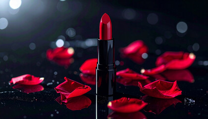 A designer lipstick with a velvet red bullet, standing upright on a reflective black acrylic