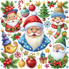 a vibrant collection of Christmas-themed illustrations, from jolly Santas to twinkling ornaments.