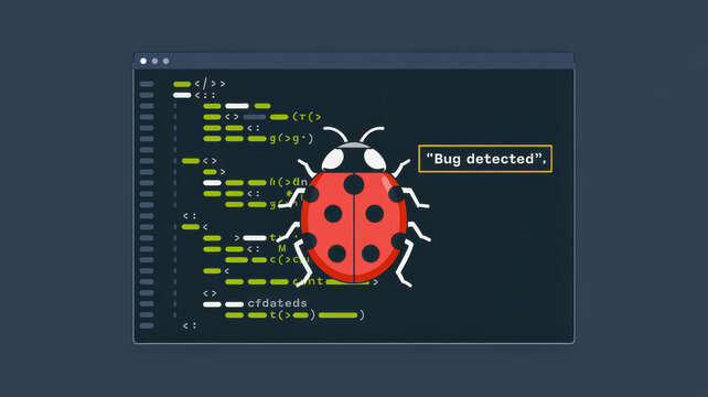Bug detected alert on computer screen with engineering code and red ladybug symbol representing software debugging process