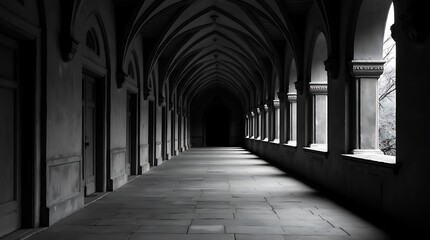Obraz premium Architectural Corridor in grayscale with vaulted arches and diminishing perspective